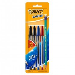 Plumas Bic Cristal Dura Más Punto Mediano Tinta Negra Roja Azul 1/4 Piezas + Lápiz gratis 73191